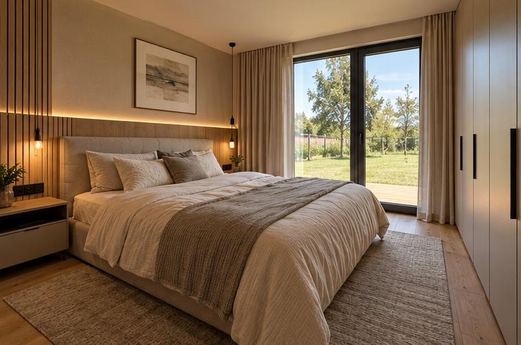 Warm timber bedroom interior concept opening onto a garden