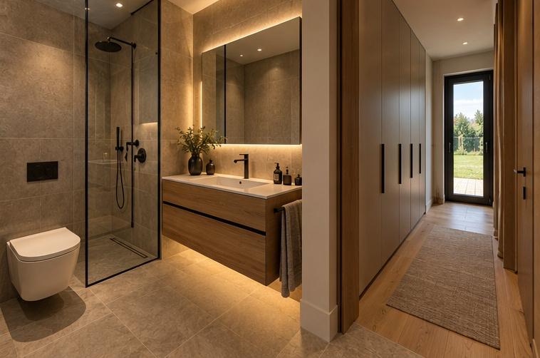 Bathroom and hallway interior concept with timber cabinetry and stone finishes